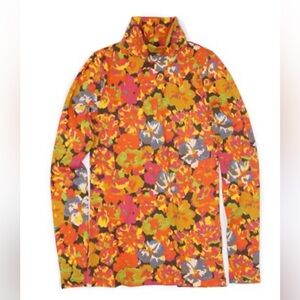 J.Crew Tissue Turtleneck Shirt Top Orange Brown Multi Floral Funky Retro 70s